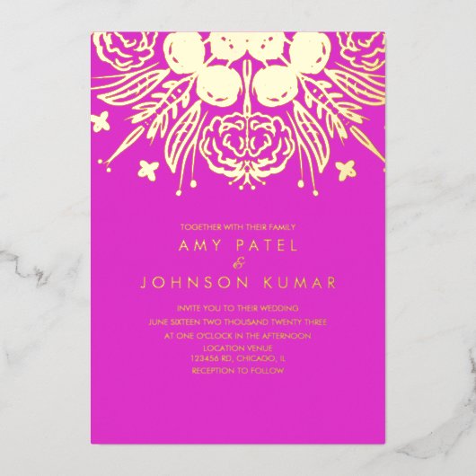 インディアンヒンドゥー教結婚手描き 箔招待状 (正面)