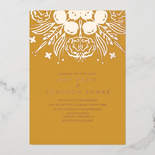 インディアンヒンドゥー教結婚手描き 箔招待状 (正面)