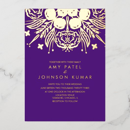 インディアンヒンドゥー教結婚手描き 箔招待状 (正面)