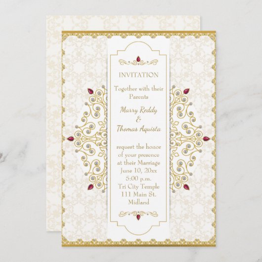 インディアンヒンドゥー金ゴールド結婚式招待状 招待状 (正面/裏面)