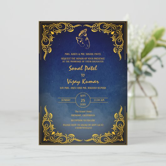 インディアンヒンドー結婚ズのカスタム写真ガネシャのロゴ 招待状 (スタンド正面)