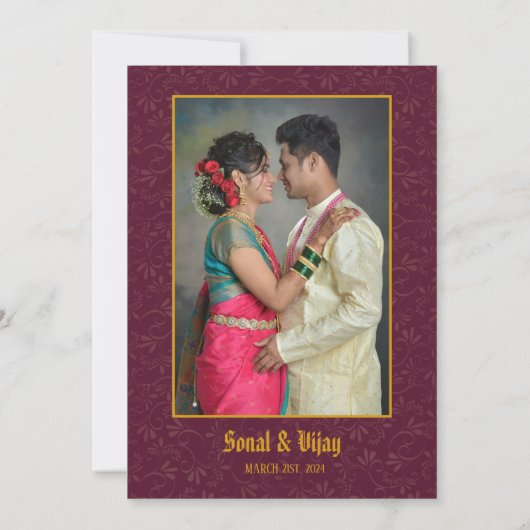 インディアンヒンドー結婚ズカップル画像ゴールデンピーコック 招待状 (裏面)