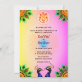 インディアンヒンドー結婚ズガネシャピンクピーコックペア 招待状 (正面)