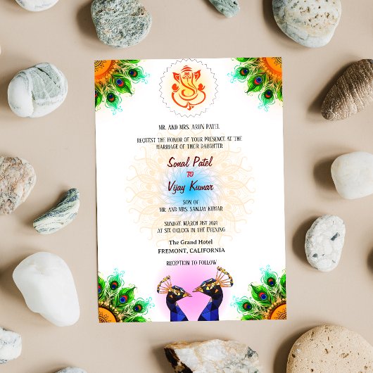 インディアンヒンドー結婚ズガネシャピーコックペアホワイト 招待状