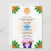 インディアンヒンドー結婚ズガネシャピーコックペアホワイト 招待状 (正面)