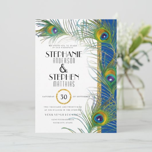 インディアンピーコックフェザーモダン金ゴールドタイポグラフィ 招待状 (スタンド正面)