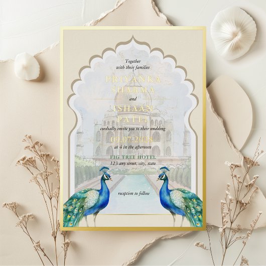 インディアンピーコック金ゴールドタージマハルエスティ結婚ズ 箔招待状