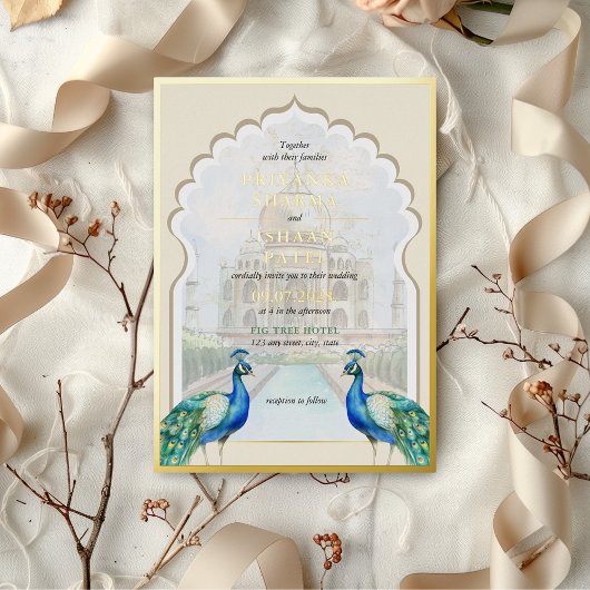 インディアンピーコック金ゴールドタージマハルエスティ結婚ズ 箔招待状