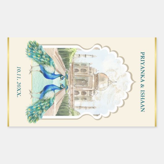 インディアンピーコック金ゴールドタージマハルエスティ結婚ズ 長方形シール (正面)