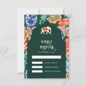 インディアンフォークアートエレファントエメラルドグリーン結婚ズ 出欠カード (正面)