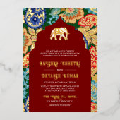 インディアンフォークアートエレフ結婚ォントダークレッド金ゴールド 箔招待状 (正面)