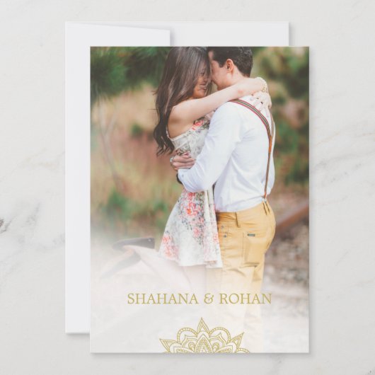 インディアンフォーマルスタイルフォトグリーン金ゴールドシック結婚ズ 招待状 (正面)