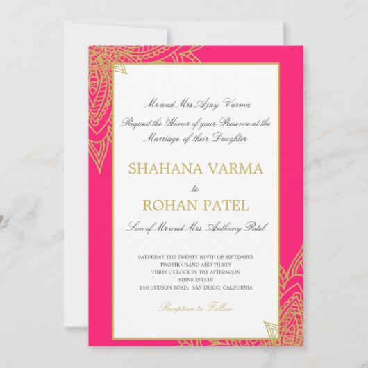 インディアンフォーマルスタイルフォトピンク金ゴールドシック結婚ズ 招待状 (裏面)