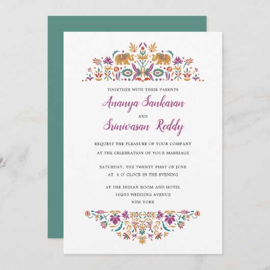 インディアンフラワーエレファントジェイドグリーン結婚ズ 招待状 (正面/裏面)