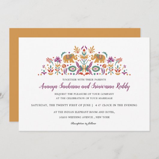 インディアンフラワーエレファントマスタードイエロー結婚ズ 招待状 (正面/裏面)