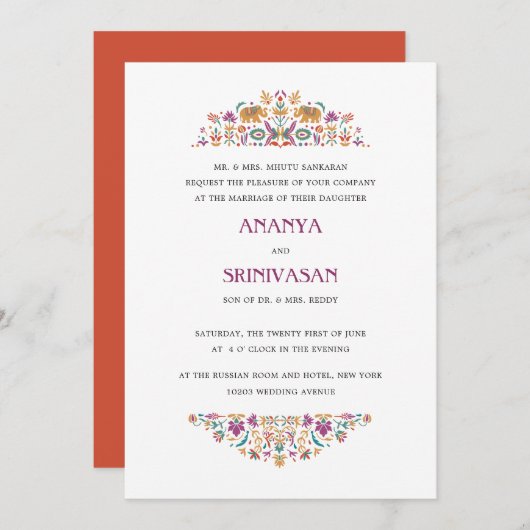 インディアンフラワーオレンジエレフフォーマルト結婚ズ 招待状 (正面/裏面)