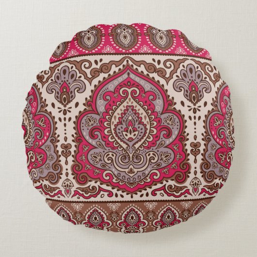 インディアンフローラペイズリー、民族曼荼羅のパターン。 ラウンドクッション (正面)