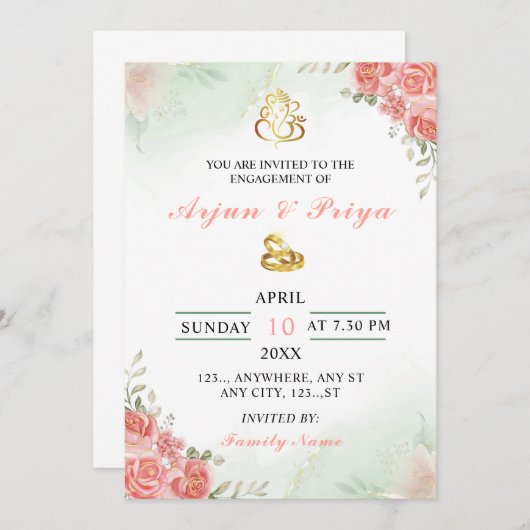 インディアンフローラ婚約招待状カード 招待状 (正面/裏面)