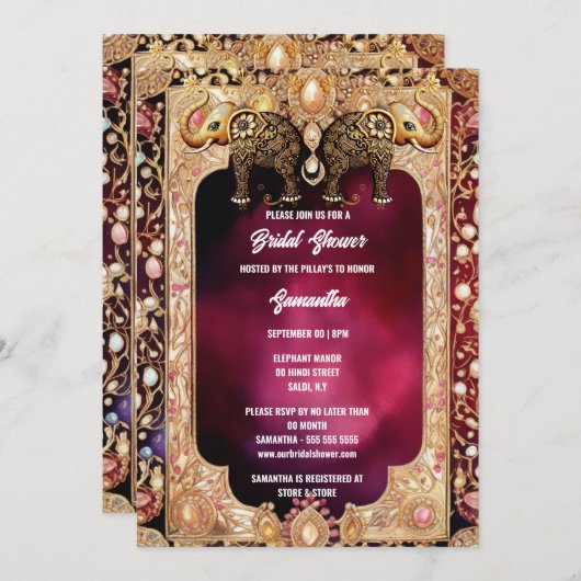 インディアンフローラ象ヒンドゥー王室の宝石ブライダル 招待状 (正面/裏面)