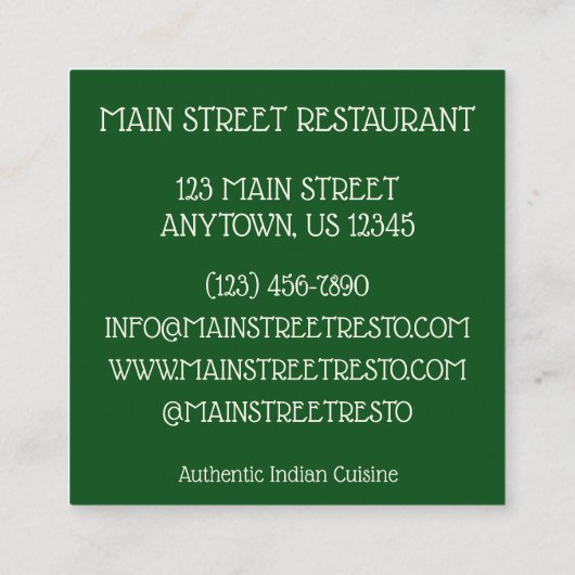 インディアンフードキュイジーヌレストランディッシュサグパネール スクエア名刺 (裏面)