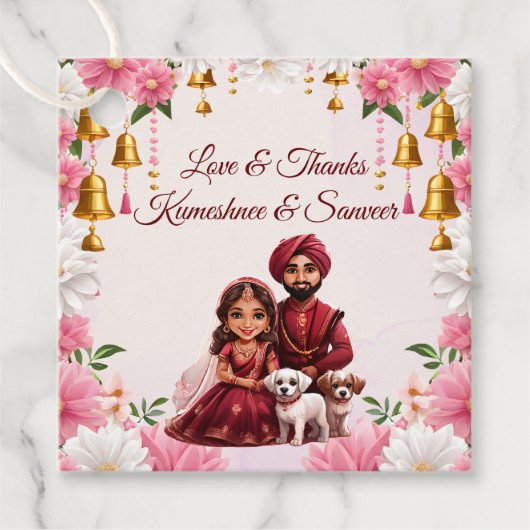 インディアンブライダルカップルと犬の風刺好き フェイバータグ (正面)