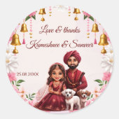 インディアンブライダルカップルと犬の風刺好き ラウンドシール (正面)