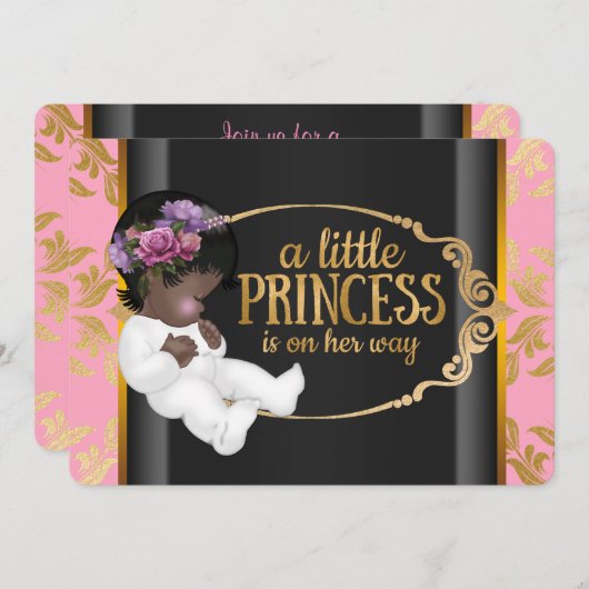 インディアンプリンセスベビーシャワーピンクとブラック 招待状 (正面/裏面)