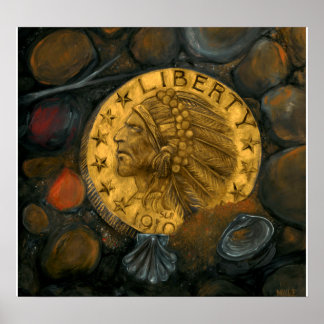 インディアンヘッド金ゴールド$5ハーフイーグル油オンgesso ポスター