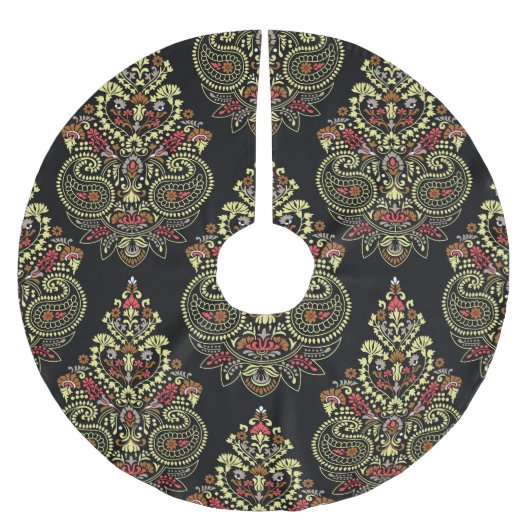 インディアンペイズリー、ジオメトリックな黒の背景 ブラッシュドポリエステルツリースカート (正面)