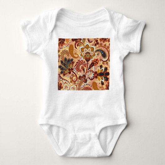 インディアンペイズリー:フローラヴィンテージブラウン ベビーボディスーツ (正面)