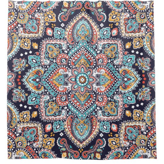 インディアンペイズリー：民族曼荼羅模様 シャワーカーテン (正面)