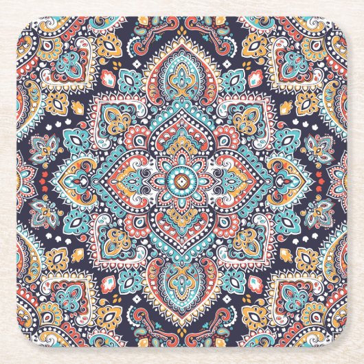 インディアンペイズリー：民族曼荼羅模様 スクエアペーパーコースター (正面)