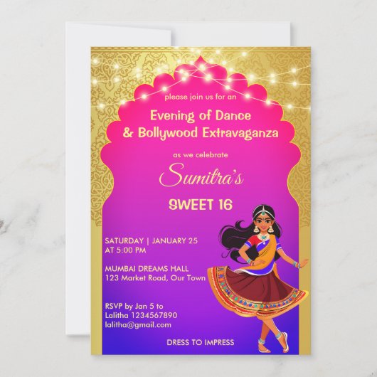 インディアンボリウッドの女の子の誕生日パーティーテンプレート 招待状 (正面)
