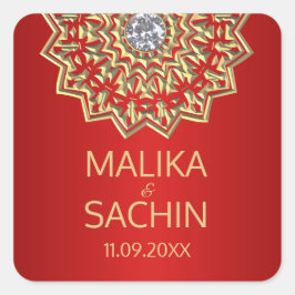 インディアンマンダラフラワーレッド結婚金ゴールドのシール スクエアシール