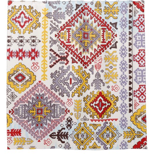 インディアンラグペイズリーオーナメントパターン。マンダル民族 シャワーカーテン (正面)