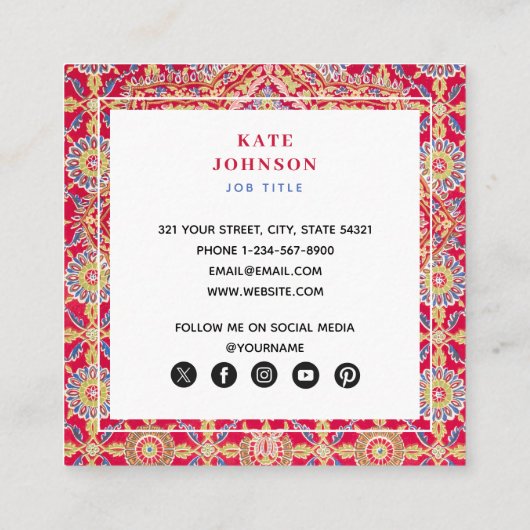 インディアンレッド幾何学的QRコードソーシャルメディアのアイコン スクエア名刺 (裏面)