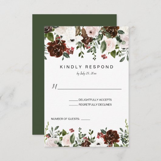 インディアンレッド、アイボリー、フォレストグリーンフローラ垂直 出欠カード (正面/裏面)