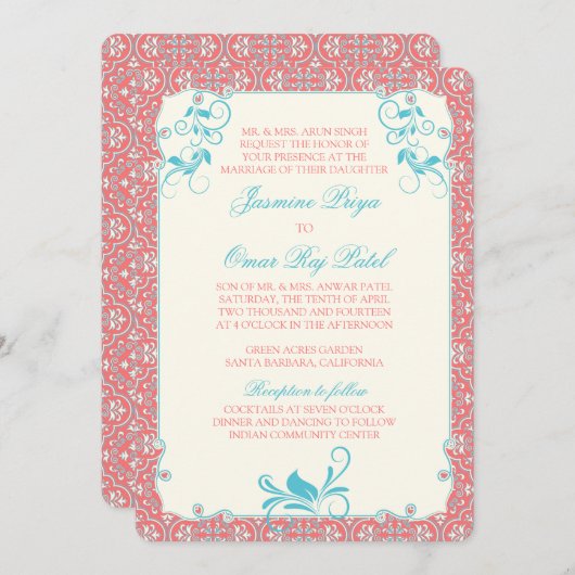 インディアンロココフローラコーラルアクア結婚式招待状 招待状 (正面/裏面)