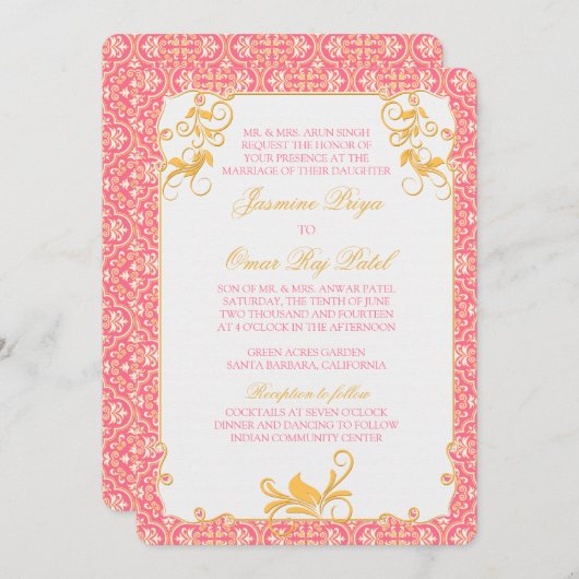 インディアンロココフローラピンク金ゴールド結婚式招待状 招待状 (正面/裏面)