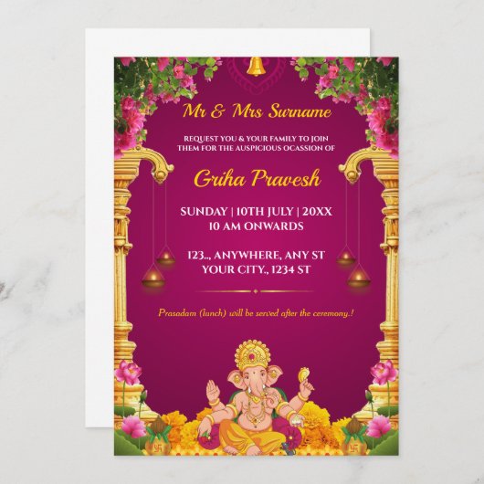 インディアン伝統的グリハプラヴェシュカード 招待状 (正面/裏面)
