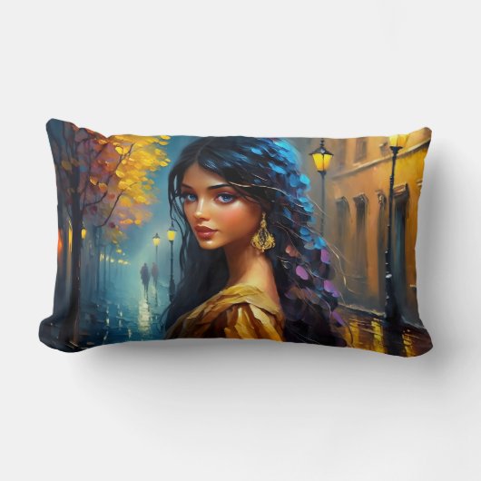 インディアン動機、デジタルモダン、色彩豊かな ランバークッション (正面)