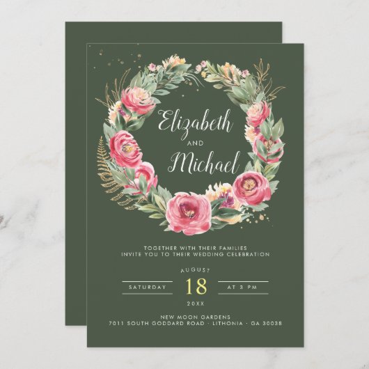 インディアン夏 |水彩ピンクの牡丹結婚の 招待状 (正面/裏面)