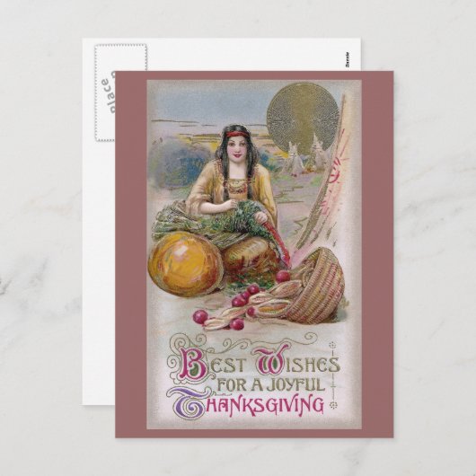 インディアン女性とトルコヴィンテージ感謝祭 シーズンポストカード (正面/裏面)