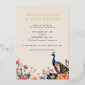 インディアン孔雀の花フォトウェディング日付を保存 箔招待状 (正面)