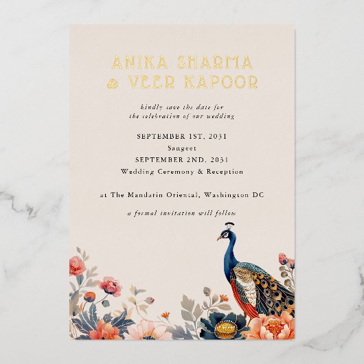 インディアン孔雀の花フォトウェディング日付を保存 箔招待状 (正面)
