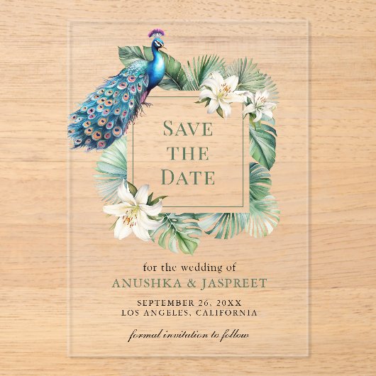 インディアン孔雀フローラ結婚式の日付を保存 アクリル招待状 (正面)