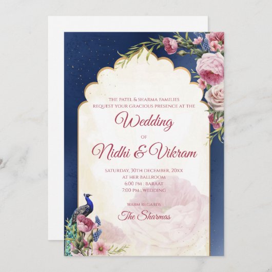 インディアン孔雀招待状&ヒンドゥー式結婚式の招待 招待状 (正面/裏面)