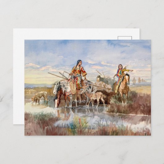 インディアン家族とトラヴォイスby Charles M. Russell シーズンポストカード (正面/裏面)