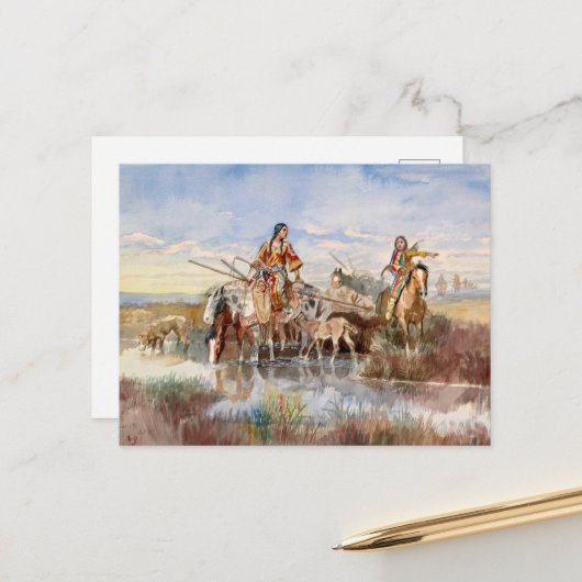 インディアン家族とトラヴォイスby Charles M. Russell シーズンポストカード (正面/裏面インサイチュ)