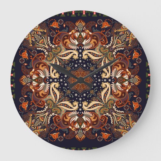 インディアン対称:ヴィンテージ民族オーナメント ラージ壁時計 (正面)